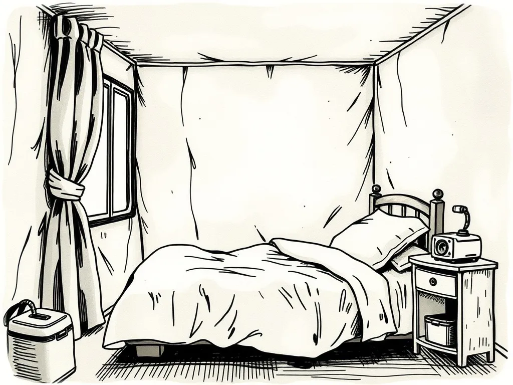 Optimized sleep environment in a work camp, dark and quiet, demonstrating effective CBT-I strategies for shift workers.