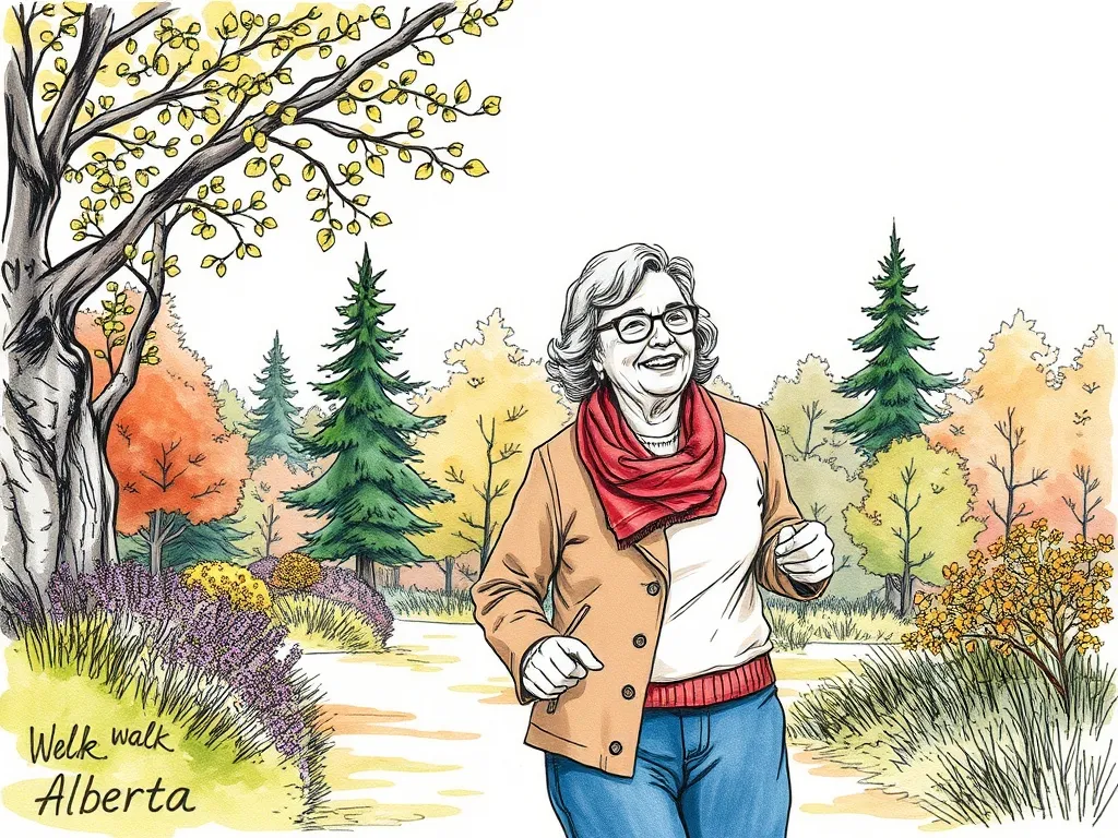 An active senior couple walking happily in an Alberta park, symbolizing the health benefits of improved sleep.