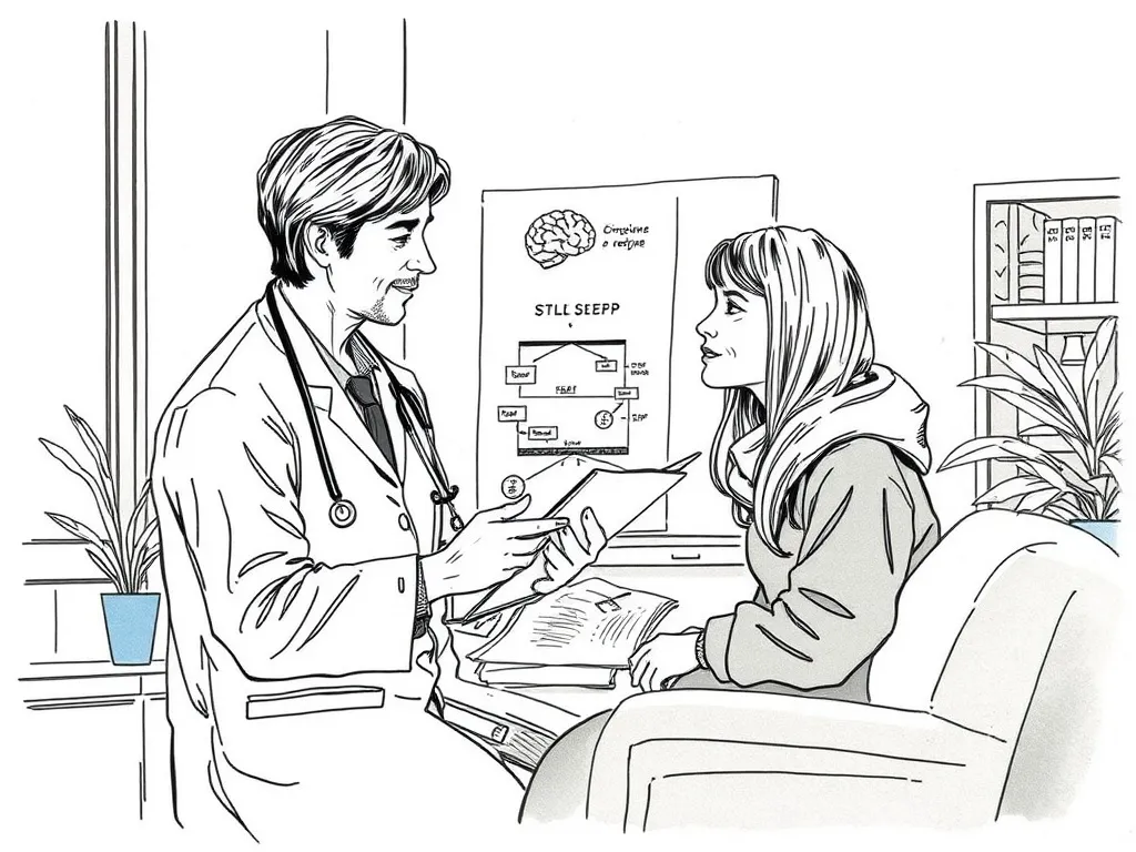 A healthcare professional consulting with a patient about insomnia, discussing treatment options like CBT-I and medication, highlighting personalized care in Alberta.