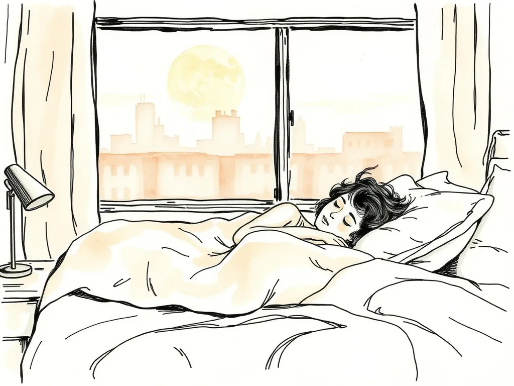 Peaceful sleeping person in bed with city lights in background, depicting quality sleep in an urban environment like Calgary or Edmonton.