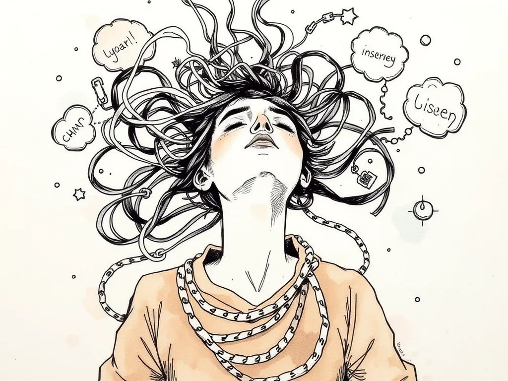 Illustration of a person breaking negative sleep cycles and freeing themselves from anxious thoughts about sleep, representing cognitive restructuring in CBT-I.