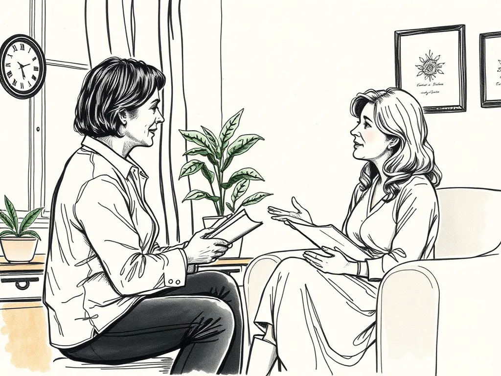 A woman receiving personalized CBT-I sleep therapy guidance from a compassionate therapist, emphasizing the supportive nature of drug-free insomnia treatment for perimenopause.