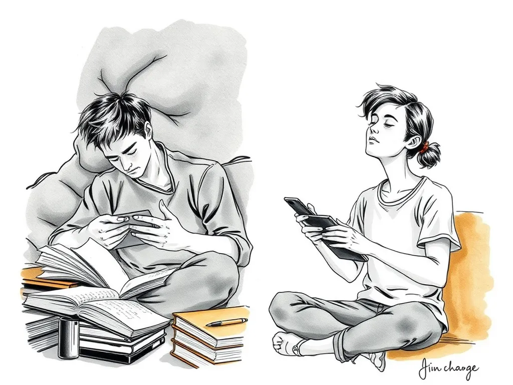 A tired college student studying late at night transitions to practicing a relaxation technique, symbolizing the journey to insomnia relief with CBTI.