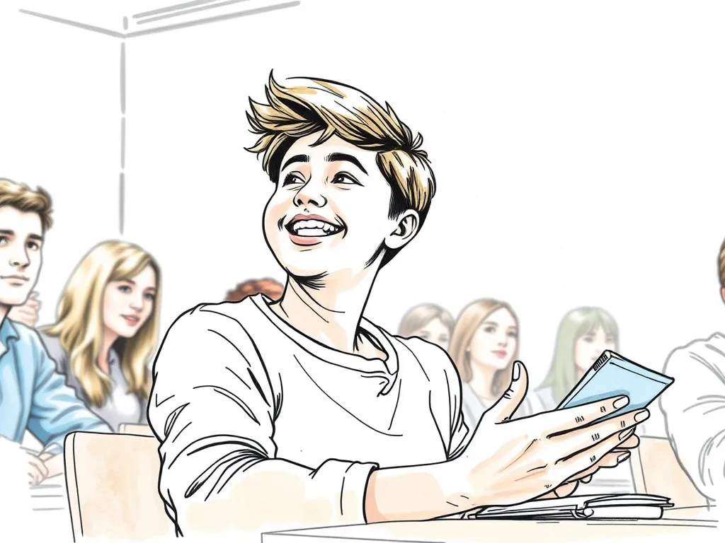 A refreshed and energized college student actively engaging in a university lecture, demonstrating the positive impact of CBTI on academic performance and well-being.