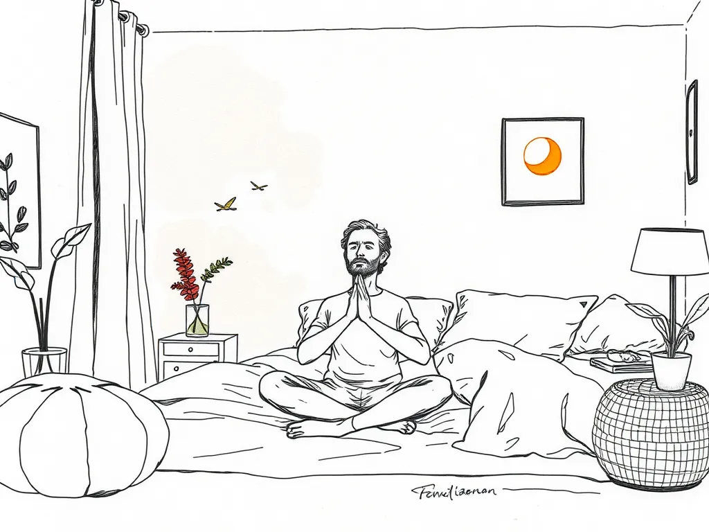 A person practicing deep breathing or meditation in a peaceful bedroom, symbolizing the use of relaxation techniques for improved sleep and stress reduction.