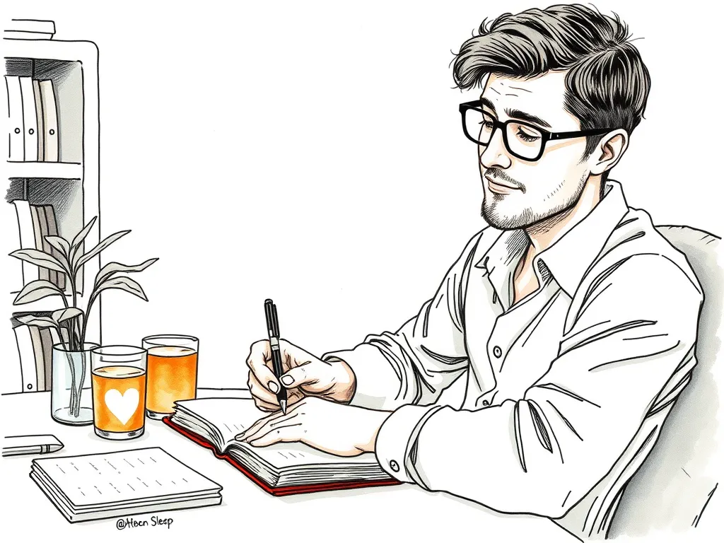 A well-rested entrepreneur journaling and planning, reflecting improved productivity and mental clarity achieved through effective sleep management.