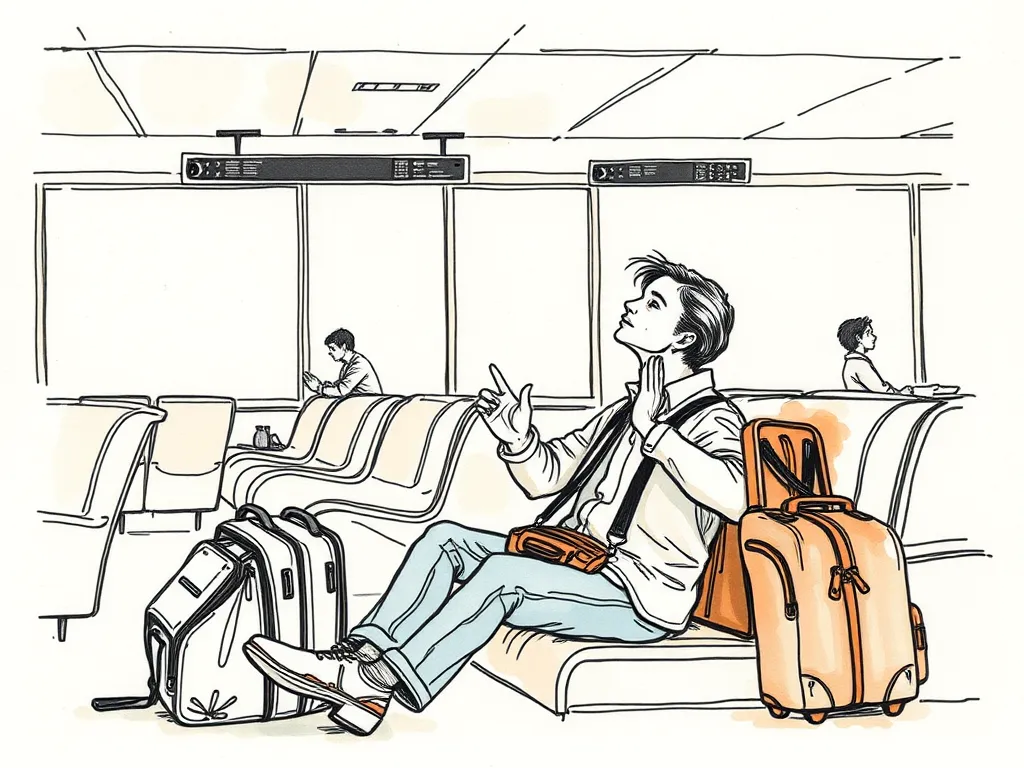 A traveler practicing relaxation techniques in an airport lounge, symbolizing the journey to insomnia relief with CBTI.