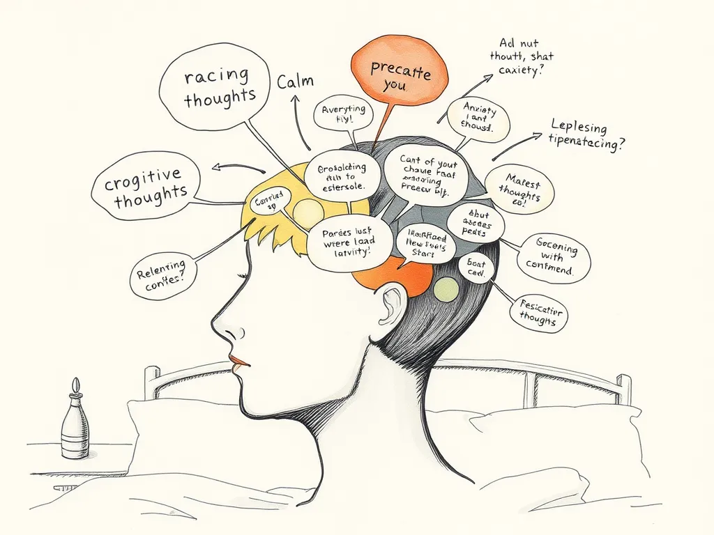 Illustration of cognitive restructuring in CBTI, showing anxious thoughts transforming into peaceful, organized thoughts for better sleep.