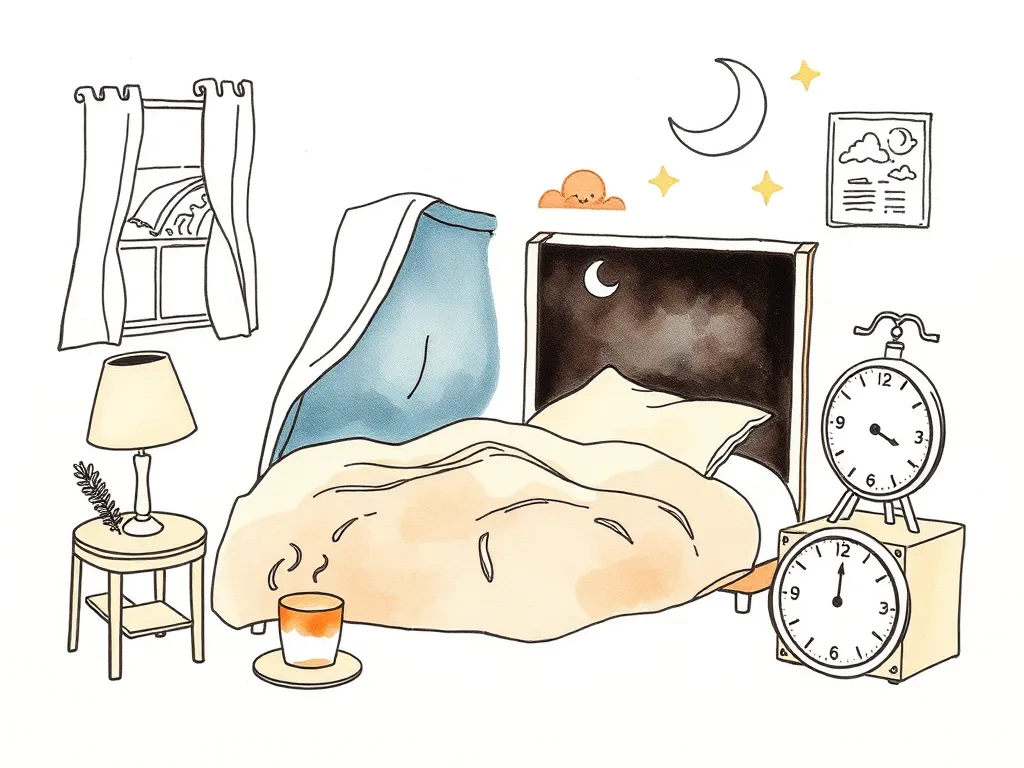 Visual representation of healthy sleep hygiene practices, including a comfortable bed, dark room, and consistent sleep schedule, crucial for CBTI.