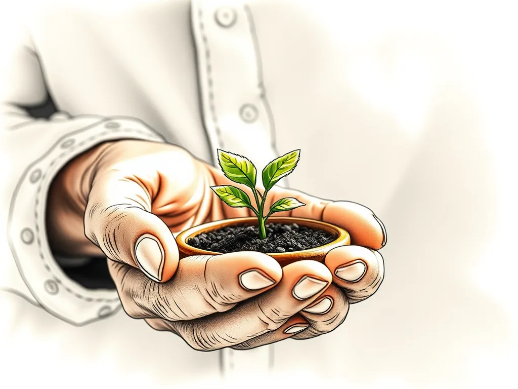 An elderly hand nurturing a small plant, symbolizing the natural, drug-free growth and healing achieved through CBTI for better senior sleep health and vitality.
