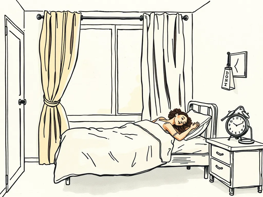 A serene bedroom scene with blackout curtains effectively blocking light, showing a person sleeping soundly during daytime hours, with a 'Do Not Disturb' sign on the door, illustrating optimized sleep hygiene for shift workers.