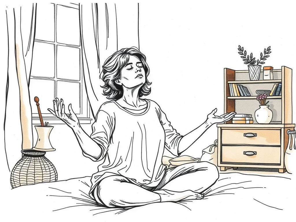 A woman practicing relaxation techniques like deep breathing in a quiet room, demonstrating a key component of CBTI for managing menopausal sleep disturbances.