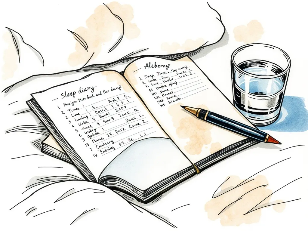 A sleep diary open on a bedside table with notes, illustrating the data-driven process of tracking and improving sleep patterns for insomnia therapy.