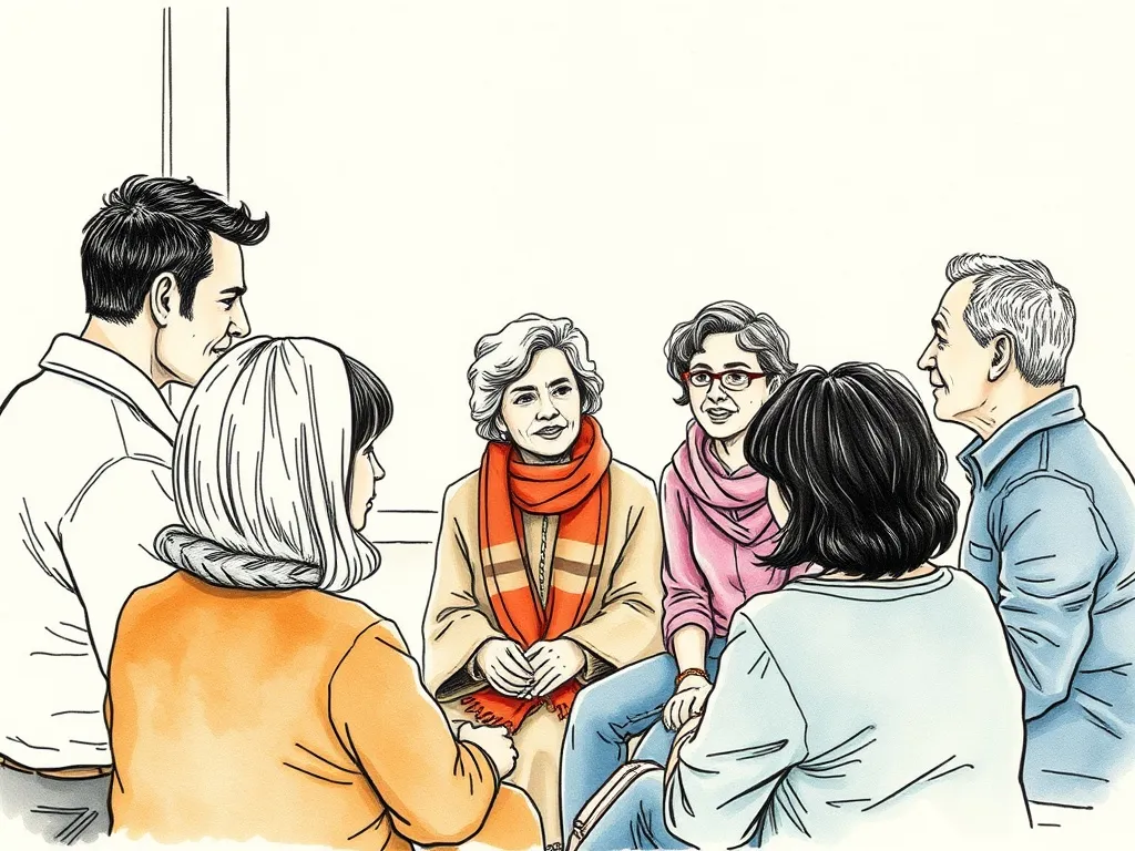 A diverse group of Albertans engaged in a discussion with a sleep therapist, representing community support and professional guidance for sleep health and insomnia management.