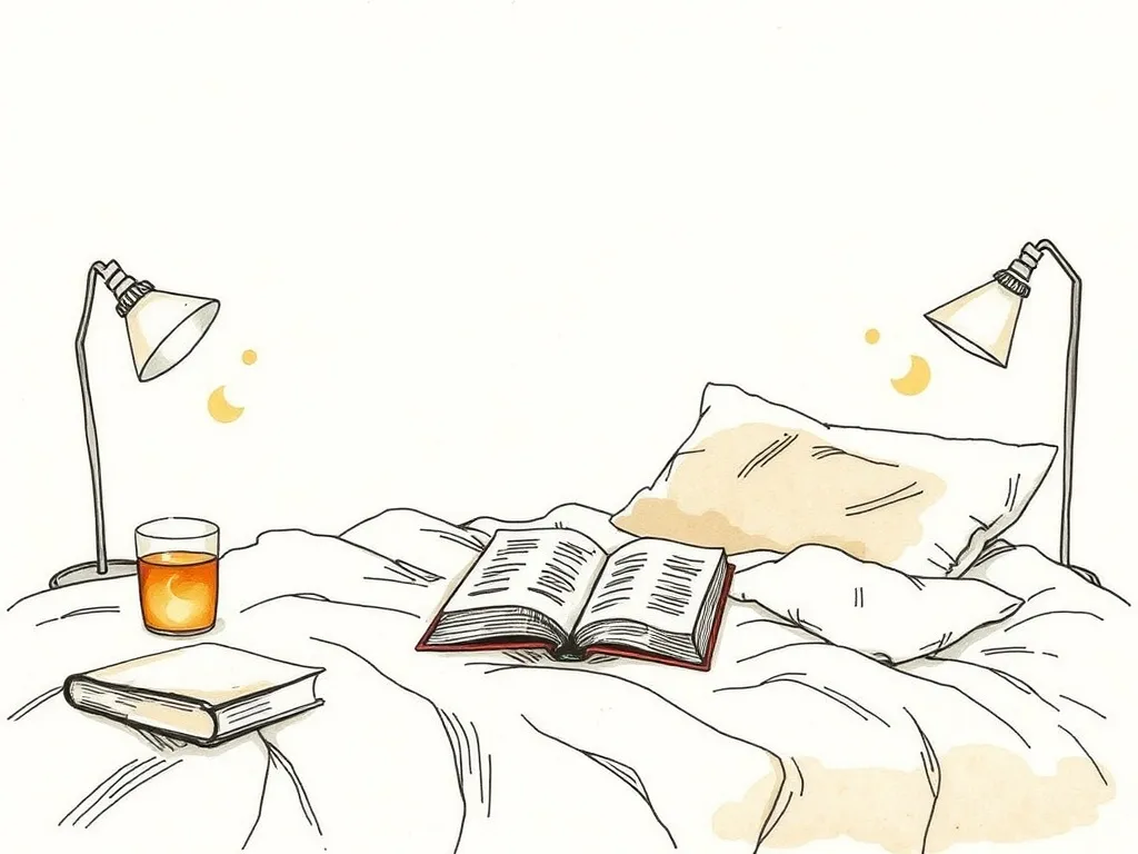 Elements of healthy sleep hygiene, including a warm drink, book, and dim lights, supporting a CBT-I approach.
